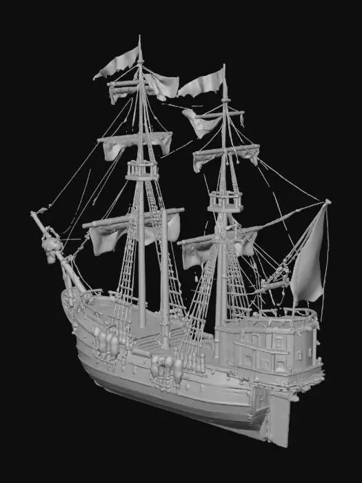 3D model for High-poly realistic pirate ship, large wooden sailing vessel inspired by 17th–18th century Caribbean pirates.
Detailed wooden hull with visible planks, iron nails, and weathered wood texture.
Three tall masts with complex rigging, ropes, pulleys, and cloth sails partially torn and wind-deformed.
Decorative pirate elements: skull figurehead at the bow, carved wooden ornaments, ropes, barrels, crates, cannons along both sides, anchor chains, lanterns hanging from masts.
Ship deck with stairs, railings, captain’s cabin at the stern with windows and balcony.
High detail geometry suitable for close-up shots, cinematic quality, realistic proportions.
Neutral pose, no characters, no water, standalone object.
Clean topology preferred, no base or ground plane.