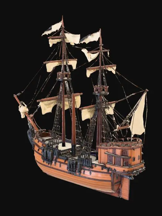 3D model for High-poly realistic pirate ship, large wooden sailing vessel inspired by 17th–18th century Caribbean pirates.
Detailed wooden hull with visible planks, iron nails, and weathered wood texture.
Three tall masts with complex rigging, ropes, pulleys, and cloth sails partially torn and wind-deformed.
Decorative pirate elements: skull figurehead at the bow, carved wooden ornaments, ropes, barrels, crates, cannons along both sides, anchor chains, lanterns hanging from masts.
Ship deck with stairs, railings, captain’s cabin at the stern with windows and balcony.
High detail geometry suitable for close-up shots, cinematic quality, realistic proportions.
Neutral pose, no characters, no water, standalone object.
Clean topology preferred, no base or ground plane.