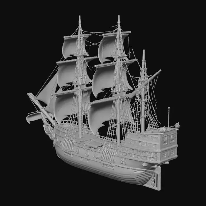 3D model for High-poly realistic pirate ship, large wooden sailing vessel inspired by 17th–18th century Caribbean pirates.
Detailed wooden hull with visible planks, iron nails, and weathered wood texture.
Three tall masts with complex rigging, ropes, pulleys, and cloth sails partially torn and wind-deformed.
Decorative pirate elements: skull figurehead at the bow, carved wooden ornaments, ropes, barrels, crates, cannons along both sides, anchor chains, lanterns hanging from masts.
Ship deck with stairs, railings, captain’s cabin at the stern with windows and balcony.
High detail geometry suitable for close-up shots, cinematic quality, realistic proportions.
Neutral pose, no characters, no water, standalone object.
Clean topology preferred, no base or ground plane.