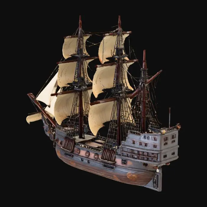 3D model for High-poly realistic pirate ship, large wooden sailing vessel inspired by 17th–18th century Caribbean pirates.
Detailed wooden hull with visible planks, iron nails, and weathered wood texture.
Three tall masts with complex rigging, ropes, pulleys, and cloth sails partially torn and wind-deformed.
Decorative pirate elements: skull figurehead at the bow, carved wooden ornaments, ropes, barrels, crates, cannons along both sides, anchor chains, lanterns hanging from masts.
Ship deck with stairs, railings, captain’s cabin at the stern with windows and balcony.
High detail geometry suitable for close-up shots, cinematic quality, realistic proportions.
Neutral pose, no characters, no water, standalone object.
Clean topology preferred, no base or ground plane.