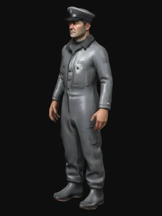 3D model for Realistic u-boat sailor in grey wetsuit and hat in a-pose, high details, five fingers, realistic face, character in a-pose