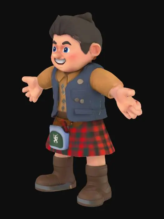 3D model for cute nintendo 64 style Scottish-clan highlander with arms spread, A-pose. 