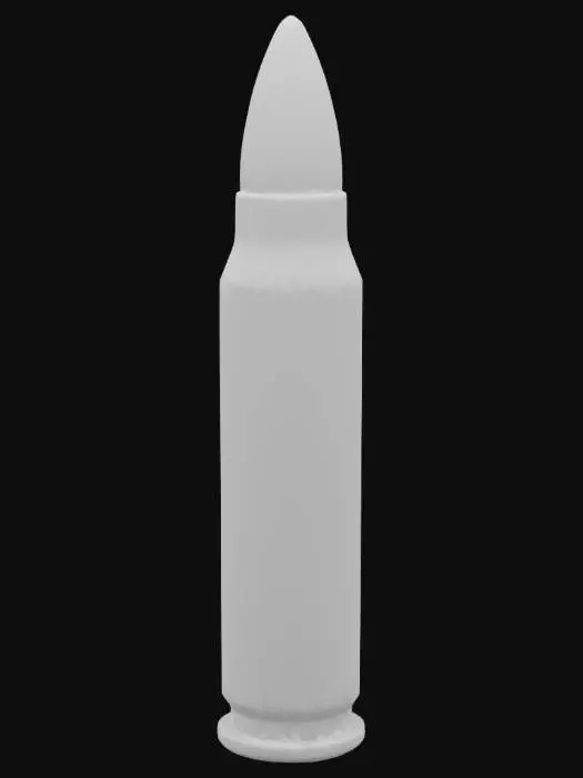 3D model for Патрон калибра 7,62 мм: цилиндрическая латунная гильза с закраиной, сужающейся к основанию. На переднем конце — остроконечная пуля с медной оболочкой и свинцовым сердечником конусообразной формы. Задняя часть гильзы имеет круглый капсюль с выемкой для бойка. Поверхность гильзы матовая с полосками от штамповки, на боку — маркировка (калибр, производитель). Длина 5-7 см, диаметр соответствует калибру. Металлические части блестят, пуля темно-серая или бронзовая