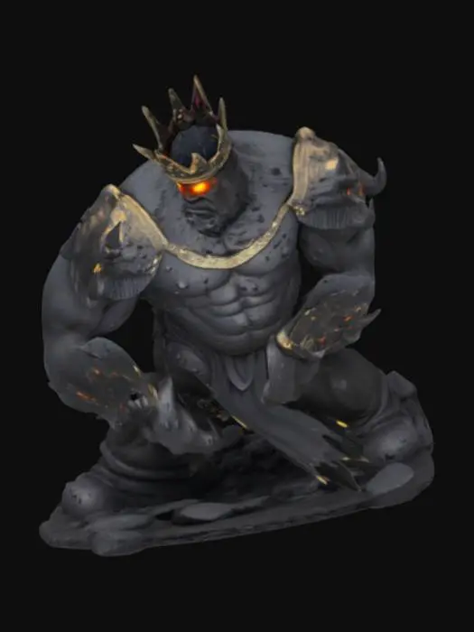 3D model for Dark Matter Villain King Coal, glowing coal eyes and glowing coal in crown, made of lumps of coal, big strong powerful character, black coal, body made of lumps of coal
