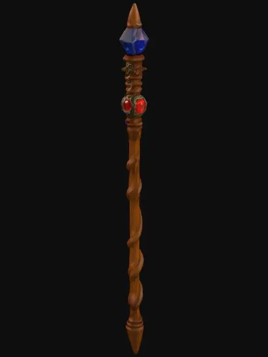 3D model for Basic wooden mage staff, with a primary color gem, wood going around the crystal. 