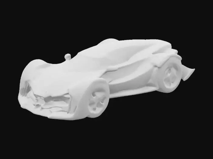 3D model for Create a detailed 3D model of a futuristic quadcopter drone car inspired by the Jaguar C-X75. 1165 kg, 3m x 2m x 0.5m. Matte black carbon-fiber body with chrome accents, grille-like sensor front, tapered rear with red LEDs. Four retractable rotor arms with ducted Jets turbines, vectoring wings for lift, and retractable VTOL turbines. passenger/cargo midsection, balanced CoG. Retractable carbon-fiber landing gear. Add exhaust vents, cooling intakes. Use photorealistic rendering.