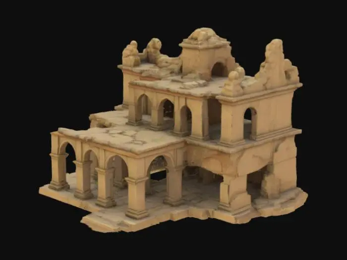 3D model for A crumbling sandstone temple with tight corridors, elevated platforms, and a rooftop for snipers. Offers cover but exposes players to multi-angle attacks.