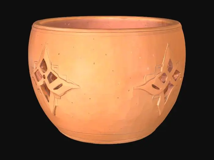 3D model for a medium sized round empty flower pot  with cutout  geometric shapes in Mexican ranch style 