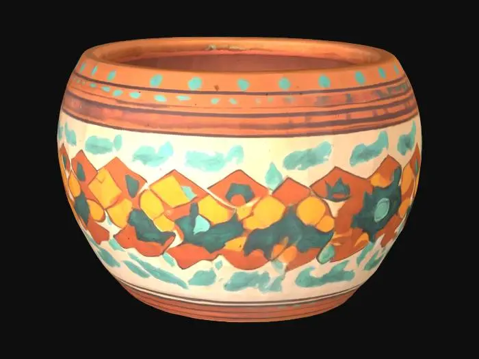 3D model for a medium sized round empty flower pot  with geometric shapes in Mexican ranch style 