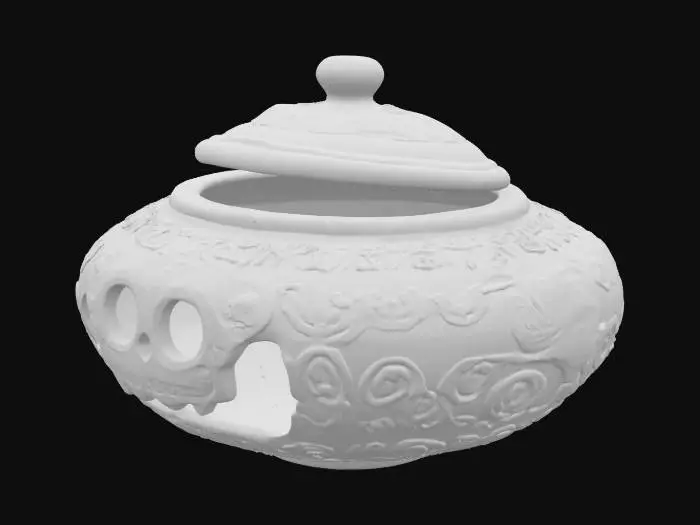 3D model for round hollow pot with day of the dead skull cut outs on the body with a lid images separately 