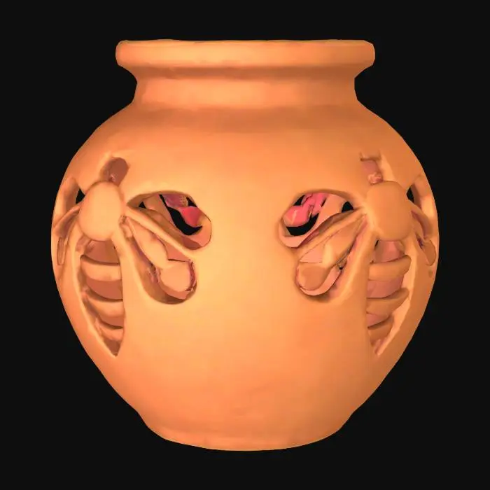 3D model for Mexican style hollow short round vase with honey bee silhouette cutouts a flat bottom with a separate lid 