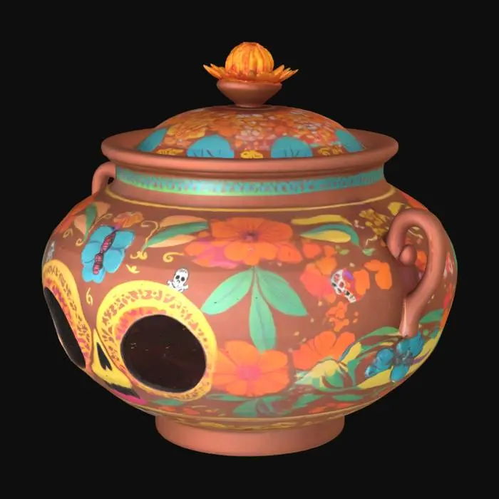 3D model for round hollow pot with dia de los muertos image cut outs with a lid