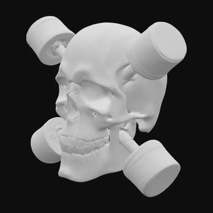 3D model for a closed mouth human skull with 2 car pistons crossing through the skull in the shape of an X with the top and bottom of the piston body sticking out  
