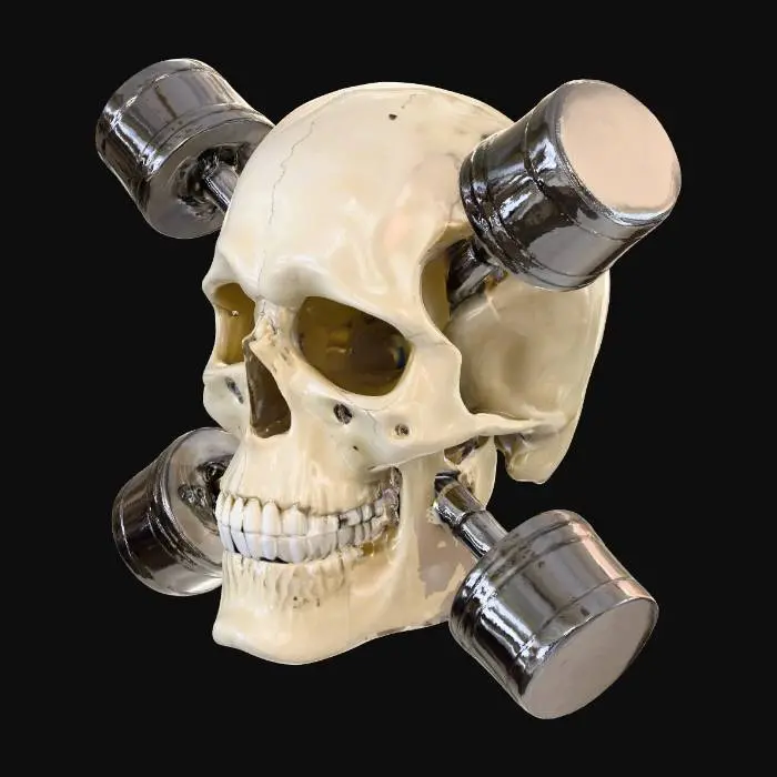 3D model for a closed mouth human skull with 2 car pistons crossing through the skull in the shape of an X with the top and bottom of the piston body sticking out  