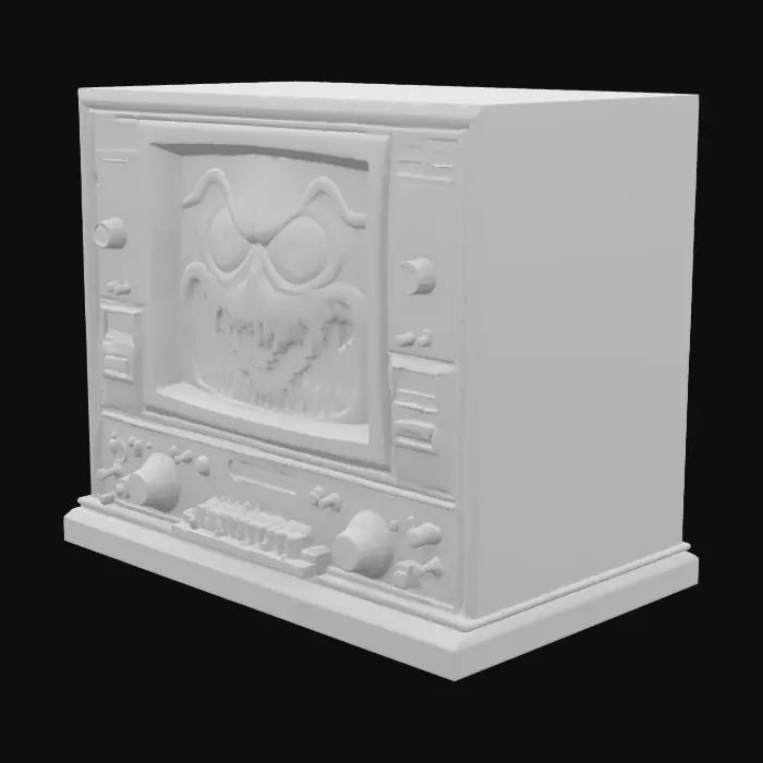 3D model for A realistic toy that is  antique wall sized computer with a screen that has a  creepy face with red eyes and sharp teeth smiling. and a control panel with knobs and levers and dials.