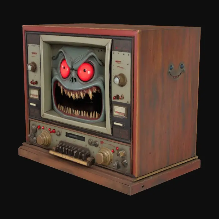 3D model for A realistic toy that is  antique wall sized computer with a screen that has a  creepy face with red eyes and sharp teeth smiling. and a control panel with knobs and levers and dials.
