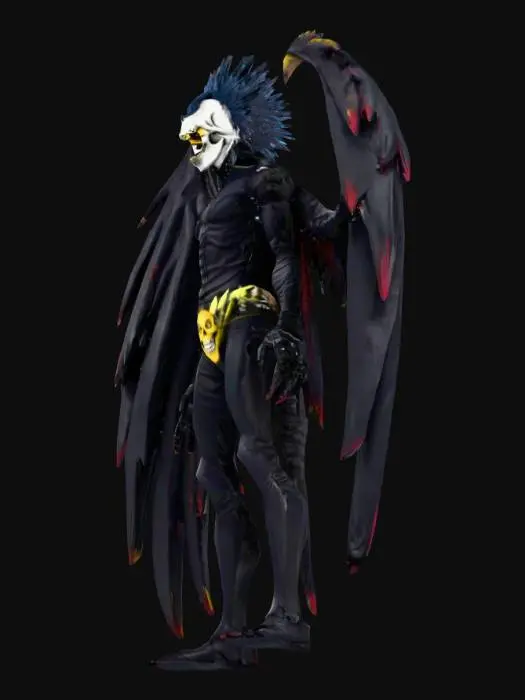 3D model for Ryuk from Death Note–inspired character. Tall, terrifying Shinigami with pale gray-blue skin, sharp teeth, glowing yellow eyes, and wild black spiky hair. Wears a dark leather outfit with jagged armor pieces, skull belt, and large black feathered wings. His grin is wide and unsettling, with long clawed fingers holding an apple. Atmosphere eerie yet vibrant — cold blue and red highlights, strong contrast shadows. 3D anime-realistic render, cinematic lighting, full-body character turnaround, horror fantasy style.