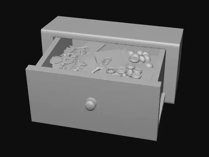 3D model for A high-fidelity, photorealistic 3D prop of a vintage oak desk drawer, generated in a fully open state. The interior is filled with a dense, tactile clutter of mundane objects: a tangled bundle of yellowed letters tied with frayed twine, several oxidized brass skeleton keys with visible wear and patina, a scattered collection of antique buttons (mother-of-pearl and wood), and a few dusty, smooth river stones. The oak wood has a deep, heavy grain with a matte finish. Focus on extreme material detail: the metal must have realistic oxidation, the twine must look fibrous, and the paper should have a delicate, aged texture. Optimized for Unity HDRP with PBR texture maps (Albedo, Normal, Roughness, Metallic, Ambient Occlusion). 8k resolution textures.