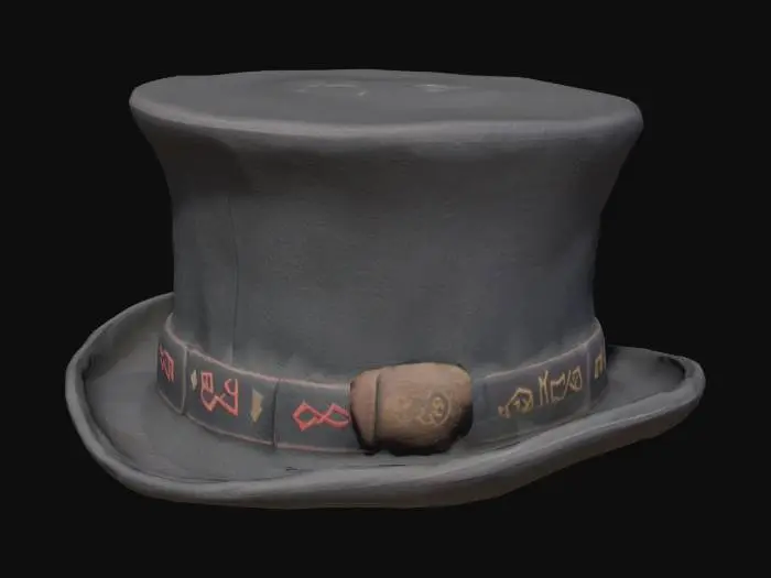 3D model for A stage magician’s top hat made of old felt and with mystic runes on the hat ban.