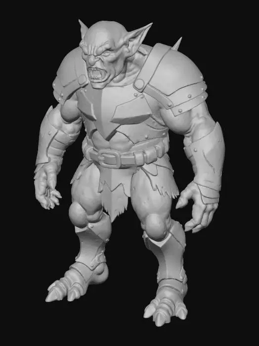 3D model for a goblin warrior with a lot of sharp teeth and dark green skin and pointy ears and orc like with heavy metal modern armor