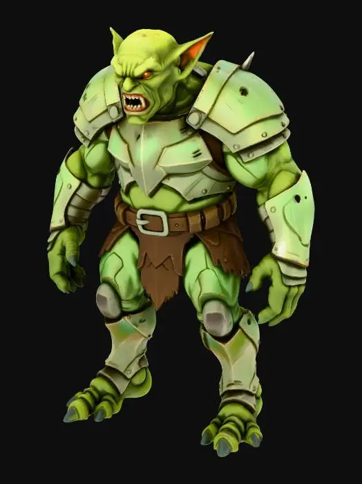 3D model for a goblin warrior with a lot of sharp teeth and dark green skin and pointy ears and orc like with heavy metal modern armor