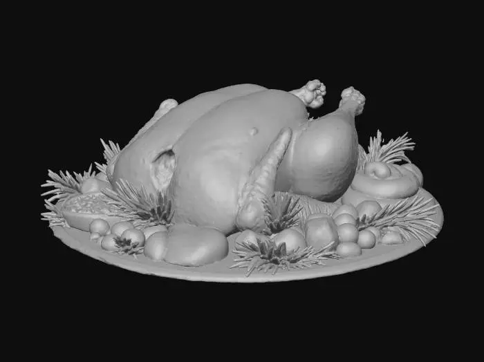 3D model for A beautifully plated Thanksgiving feast centerpiece: a golden-brown roasted turkey with crispy herb-seasoned skin, garnished with fresh rosemary, thyme, and cranberries. Surround the dish with sides including creamy mashed potatoes, vibrant roasted vegetables, buttery dinner rolls, and a bowl of glossy cranberry sauce. Present everything on an elegant wooden dining table with warm, soft holiday lighting. Highly detailed textures, realistic food appearance, appetizing gloss, and rich autumn color tones.
, #Thanksgiving#