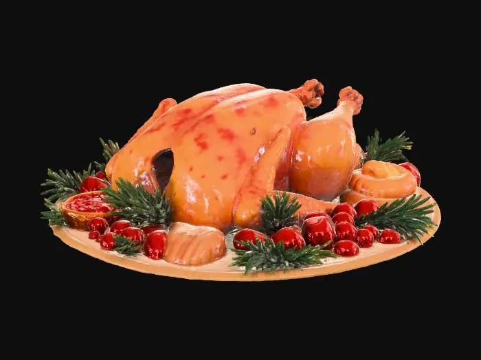 3D model for A beautifully plated Thanksgiving feast centerpiece: a golden-brown roasted turkey with crispy herb-seasoned skin, garnished with fresh rosemary, thyme, and cranberries. Surround the dish with sides including creamy mashed potatoes, vibrant roasted vegetables, buttery dinner rolls, and a bowl of glossy cranberry sauce. Present everything on an elegant wooden dining table with warm, soft holiday lighting. Highly detailed textures, realistic food appearance, appetizing gloss, and rich autumn color tones.
, #Thanksgiving#