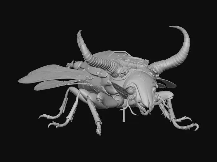 3D model for A magnificent steampunk stag beetle, its carapace meticulously crafted from polished brass and aged copper, featuring intricate clockwork gears visible through small glass panels. Its powerful mandibles are articulated with tiny pistons, shimmering in deep bronze and iron, while delicate filigree wings, made of fine etched metal and stained glass, are folded neatly on its back. The insect exhibits a rich, burnished metallic sheen with subtle oxidation, giving it a weathered yet majestic texture.