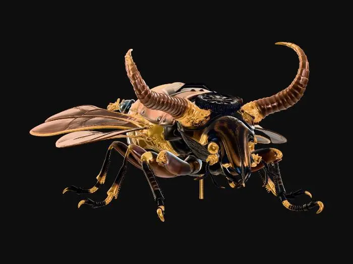 3D model for A magnificent steampunk stag beetle, its carapace meticulously crafted from polished brass and aged copper, featuring intricate clockwork gears visible through small glass panels. Its powerful mandibles are articulated with tiny pistons, shimmering in deep bronze and iron, while delicate filigree wings, made of fine etched metal and stained glass, are folded neatly on its back. The insect exhibits a rich, burnished metallic sheen with subtle oxidation, giving it a weathered yet majestic texture.