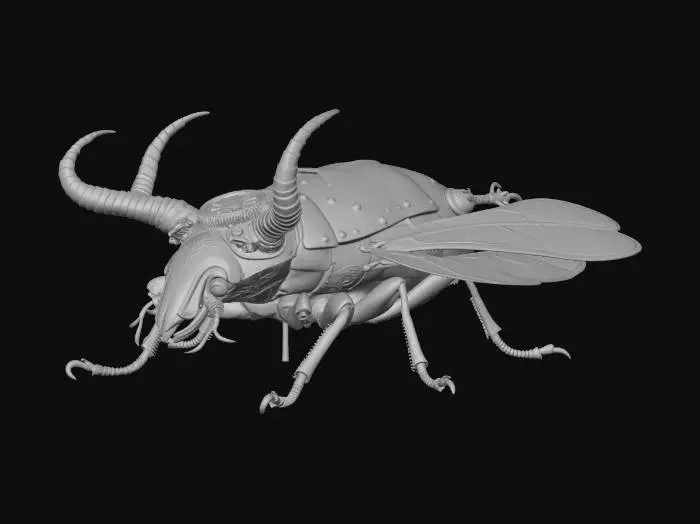 3D model for A magnificent steampunk stag beetle, its carapace meticulously crafted from polished brass and aged copper, featuring intricate clockwork gears visible through small glass panels. Its powerful mandibles are articulated with tiny pistons, shimmering in deep bronze and iron, while delicate filigree wings, made of fine etched metal and stained glass, are folded neatly on its back. The insect exhibits a rich, burnished metallic sheen with subtle oxidation, giving it a weathered yet majestic texture.