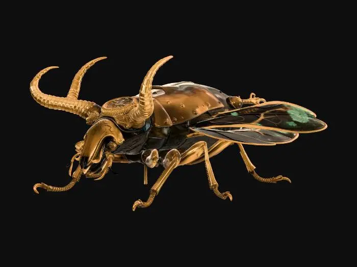 3D model for A magnificent steampunk stag beetle, its carapace meticulously crafted from polished brass and aged copper, featuring intricate clockwork gears visible through small glass panels. Its powerful mandibles are articulated with tiny pistons, shimmering in deep bronze and iron, while delicate filigree wings, made of fine etched metal and stained glass, are folded neatly on its back. The insect exhibits a rich, burnished metallic sheen with subtle oxidation, giving it a weathered yet majestic texture.