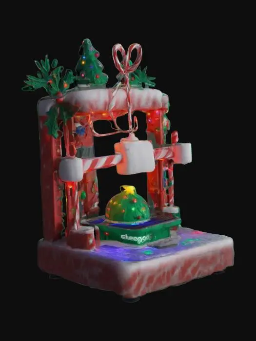 3D model for Imagine a 3d print, made by the company ELEGOO, the printer is Christmas themed with jolly lights hanging on it to give it the Christmas vibe, the print has a bar that is connected to another bar that the plastic comes out of, #ChristmasAdventure#