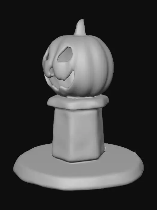 3D model for A spooky Halloween pumpkin lantern with a carved sinister face, glowing from inside with an eerie orange light. The pumpkin sits on an old cracked stone pedestal, surrounded by swirling mist. Add cobwebs, small bats flying around, and a creepy atmosphere. High detail, realistic textures, optimized for 3D rendering.