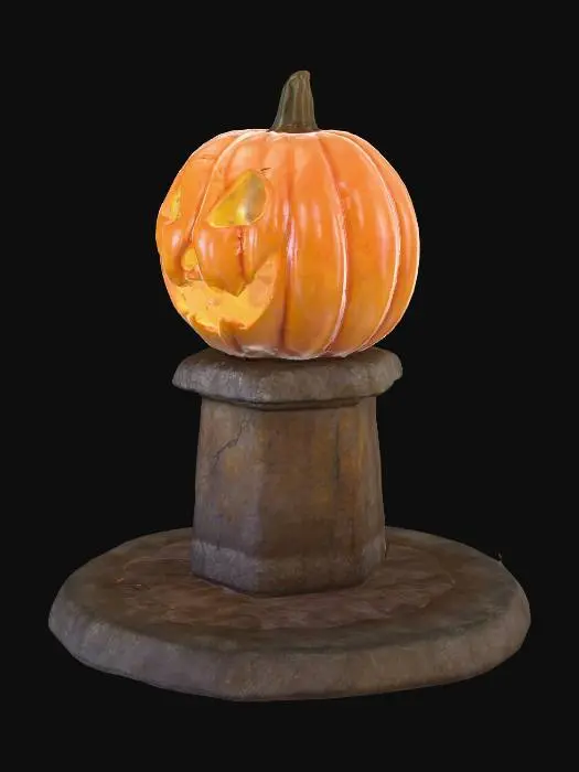 3D model for A spooky Halloween pumpkin lantern with a carved sinister face, glowing from inside with an eerie orange light. The pumpkin sits on an old cracked stone pedestal, surrounded by swirling mist. Add cobwebs, small bats flying around, and a creepy atmosphere. High detail, realistic textures, optimized for 3D rendering.