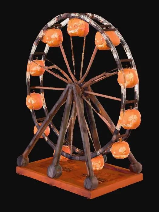3D model for Haunted Ferris wheel constructed from giant carved jack-o'-lanterns, wooden spokes entwined with glowing fairy lights and cobwebs, creaky metal frame, foggy moonlit background, stylized semi-realistic, warm orange emission from faces, subtle film grain, cinematic composition.
