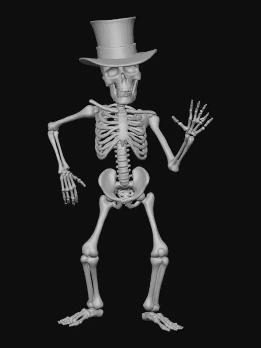 3D model for A cheerful Halloween skeleton, with weathered, off-white bones, dynamically posed mid-dance. One bony hand gracefully holds a slightly tattered, matte black top hat, lifted just above its grinning skull. Its other arm is raised, and its ribcage and leg bones are in a lively, twisty motion, conveying a joyful, theatrical performance. The bone texture is porous with subtle cracks.
, #Halloween2025#