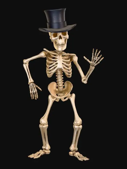 3D model for A cheerful Halloween skeleton, with weathered, off-white bones, dynamically posed mid-dance. One bony hand gracefully holds a slightly tattered, matte black top hat, lifted just above its grinning skull. Its other arm is raised, and its ribcage and leg bones are in a lively, twisty motion, conveying a joyful, theatrical performance. The bone texture is porous with subtle cracks.
, #Halloween2025#