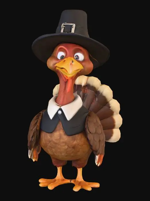 3D model for A friendly turkey character standing upright and wearing classic Pilgrim attire: a black hat with a silver buckle, a small black vest, and a white collar. The turkey has rich, detailed feathers in warm autumn colors and expressive eyes. It stands on a simple surface with soft, warm lighting. Create a high-quality 3D character model with realistic textures but a charming, approachable personality., #Thanksgiving#
