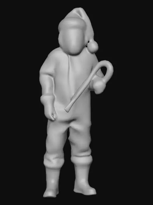 3D model for A humanoid figure in a full yellow hazmat suit with slightly bulky proportions, featuring smooth matte fabric, reinforced seam lines, and soft folds at the elbows and knees. Black rubber gloves cover the hands. The helmet is rounded with a sleek, opaque black visor that reflects light like polished glass, hiding the face completely. A bright red Santa hat with white fur trim and fluffy pom-pom sits at an angle on the helmet. The figure is holding a large striped candy cane in one hand, giving a cheerful but unsettling holiday vibe., #Christmas2025#