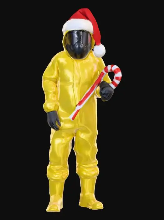 3D model for A humanoid figure in a full yellow hazmat suit with slightly bulky proportions, featuring smooth matte fabric, reinforced seam lines, and soft folds at the elbows and knees. Black rubber gloves cover the hands. The helmet is rounded with a sleek, opaque black visor that reflects light like polished glass, hiding the face completely. A bright red Santa hat with white fur trim and fluffy pom-pom sits at an angle on the helmet. The figure is holding a large striped candy cane in one hand, giving a cheerful but unsettling holiday vibe., #Christmas2025#