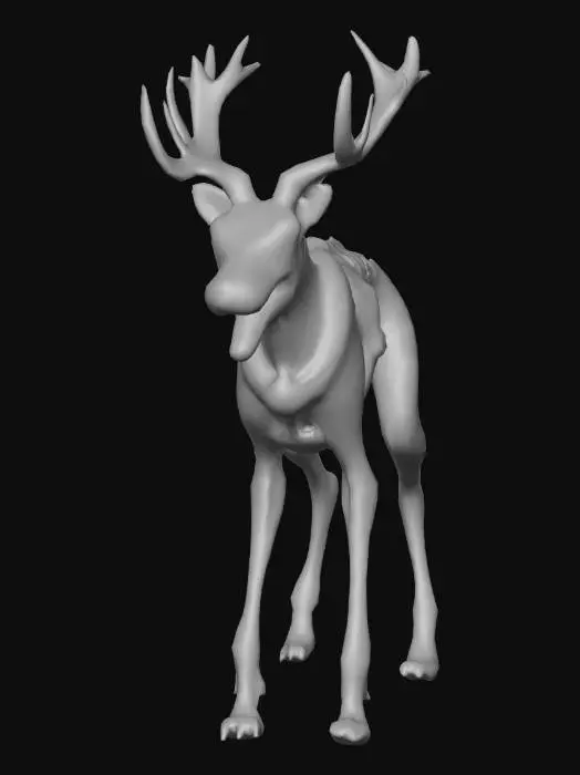 3D model for A quadrupedal, hairless, emaciated creature with elongated limbs, sharp black claws, and a skeletal canine-like skull with exposed teeth and deep, hollow eye sockets. The spine, ribs, and joints are sharply defined beneath the thin skin. Small brown reindeer antlers protrude from the head, and a glossy red spherical nose is attached at the snout. A thin, torn red reindeer harness wraps around its torso with loose dangling straps. Tone: feral yet dressed for a twisted holiday theme., #Christmas2025#