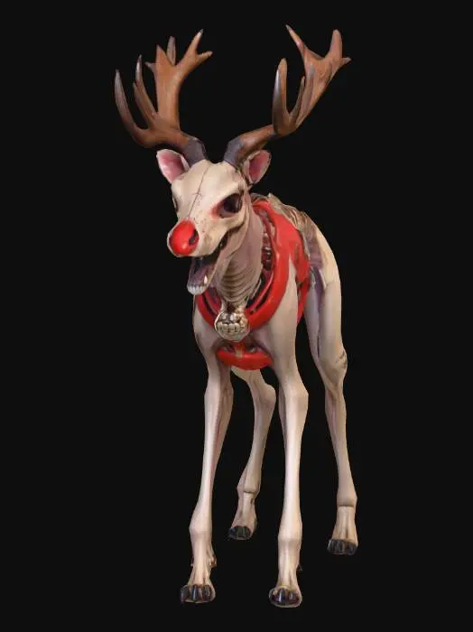 3D model for A quadrupedal, hairless, emaciated creature with elongated limbs, sharp black claws, and a skeletal canine-like skull with exposed teeth and deep, hollow eye sockets. The spine, ribs, and joints are sharply defined beneath the thin skin. Small brown reindeer antlers protrude from the head, and a glossy red spherical nose is attached at the snout. A thin, torn red reindeer harness wraps around its torso with loose dangling straps. Tone: feral yet dressed for a twisted holiday theme., #Christmas2025#
