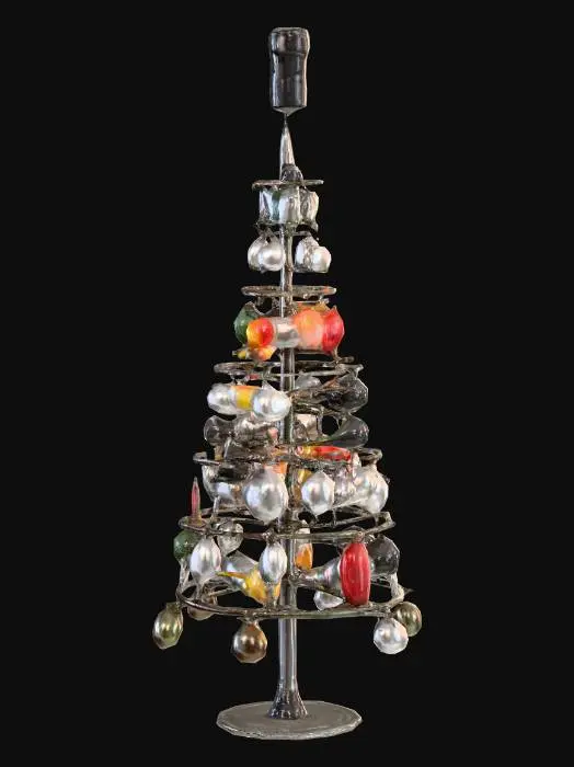 3D model for “A conical Christmas tree constructed entirely from scavenged survival gear. The main structure is a tapered frame of stacked metal rods and crossbars forming a clear tree silhouette. Flashlights of various sizes are attached around the frame like glowing ornaments, with lens surfaces acting as light points. Metal water bottles hang like reflective silver baubles, showing realistic metallic highlights. Candy bars are tied to the rods with simple strings, serving as makeshift decorations.

At the top, a large flashlight is mounted upright as the tree topper instead of a star. Emphasize realistic materials: brushed and scratched metal, plastic flashlight casings with subtle shine, glossy wrappers on the candy bars.