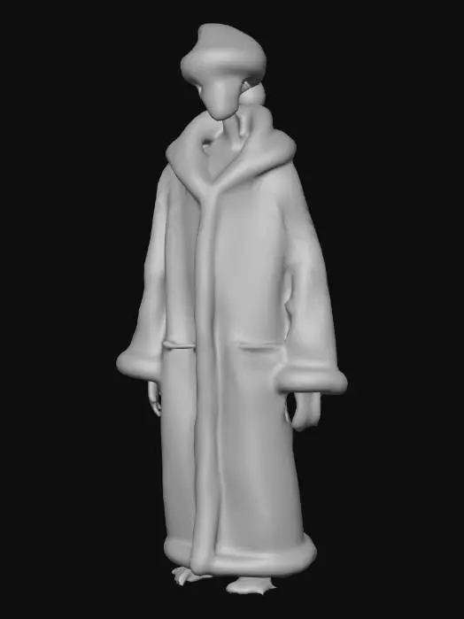 3D model for A tall, skeletal humanoid creature with extremely long, spindly arms that hang nearly to the ground. Its body is formed from thin, vine-like strands of wet, gelatinous organic material that twist and fuse into a narrow torso and unstable limbs. The surface is glossy, slick, and slightly translucent, with a slimy bacterial sheen. Its head is smooth and stretched, lacking any facial features, shaped in an unsettling, elongated form. For the Christmas variant, the creature wears an oversized red Santa coat with soft white trim, the fabric torn and sagging awkwardly over its distorted frame, and a drooping Santa hat perched crookedly on its misshapen head. Emphasize the contrast between its slimy, alien anatomy and the festive, cheerful clothing.