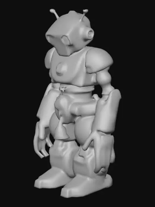 3D model for A bulky patched-metal overseer robot with a cracked festive paint job and a dangling bell-jaw hinge, #Christmas2025#