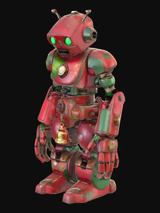 3D model for A bulky patched-metal overseer robot with a cracked festive paint job and a dangling bell-jaw hinge, #Christmas2025#