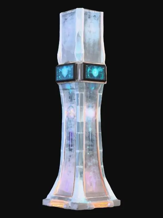 3D model for Tall crystalline control tower made of semi-transparent ice-infused material, embedded touchscreen panels, rotating holographic map rings, glowing energy core inside shaft, modern sci-fi holiday aesthetic., #Christmas2025#