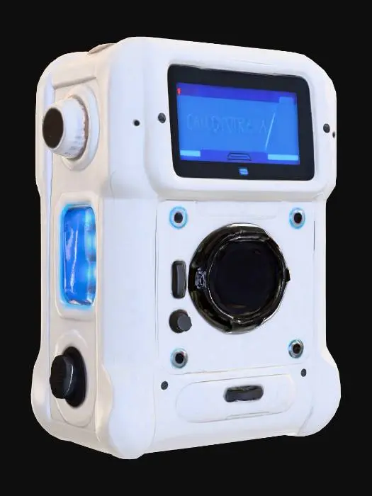 3D model for Compact modular tool device used by elite cyber-elves, glossy white casing, candy-stripe accent trims, retractable repair arms, glowing blue diagnostics display, soft underglow lighting., #Christmas2025#