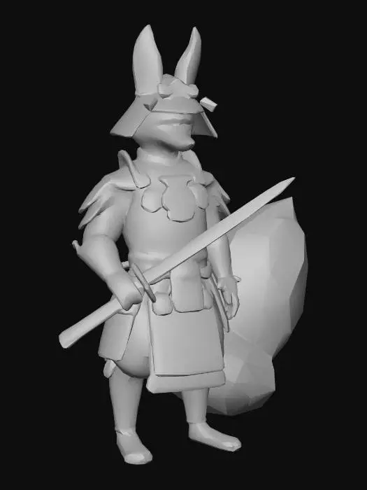 3D model for A bipedal fox samurai, standing proudly in lacquered crimson and gold steel armor. Its sleek, auburn fur is visible around the ornate kabuto and bushy tail. The armor features intricate embossed patterns and smooth silk undergarments. It holds a finely crafted katana, exuding a noble, focused demeanor and a sense of ancient warrior spirit.