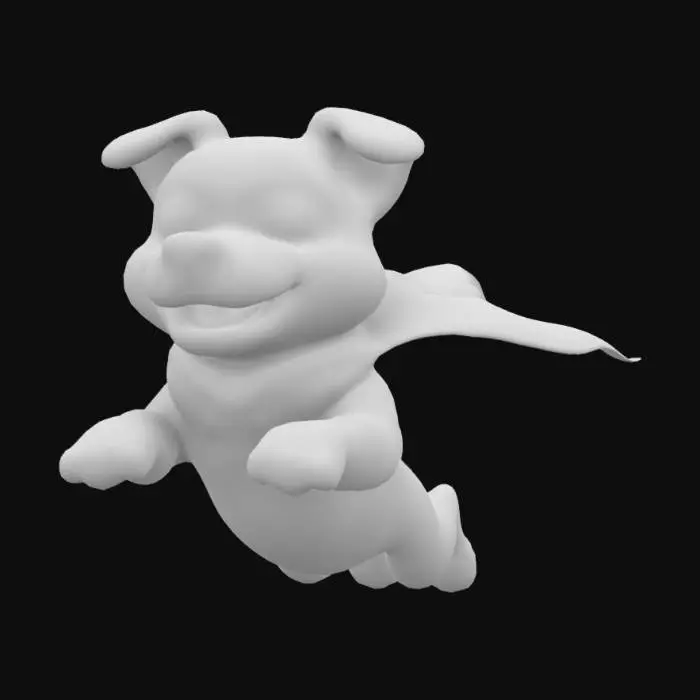 3D model for Imagine a superhero dog, happily flying through the air, body in leaping pose, wearing a red flowing cape